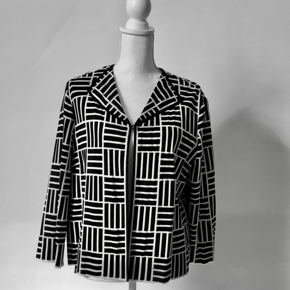 St. John Black White Knit Geometric Jacket Blazer Cardigan Luxury Size 14